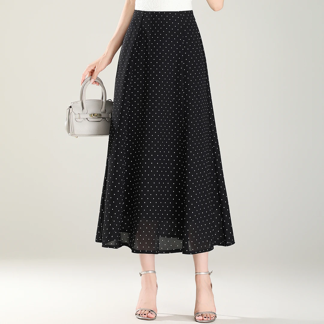 波点半身裙亚麻A字裙夏季薄款2025新款高腰显瘦宽松伞裙大摆长裙