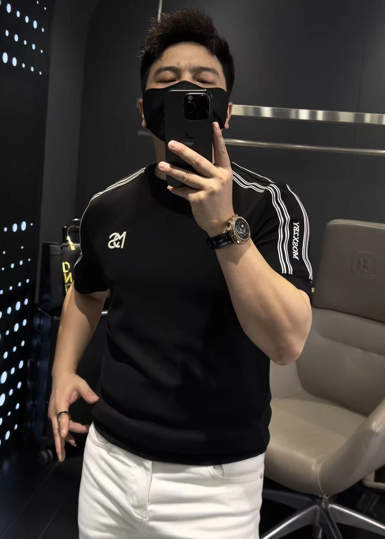 【马哥严选】2025秋季男装轻奢织带欧货半高领针织打底衫短袖毛衣