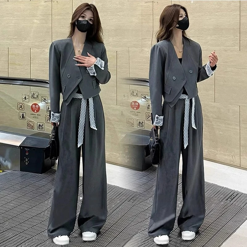 时尚西装套装女2025春季新款小个子气质蕾丝拼接外套阔腿裤两件套
