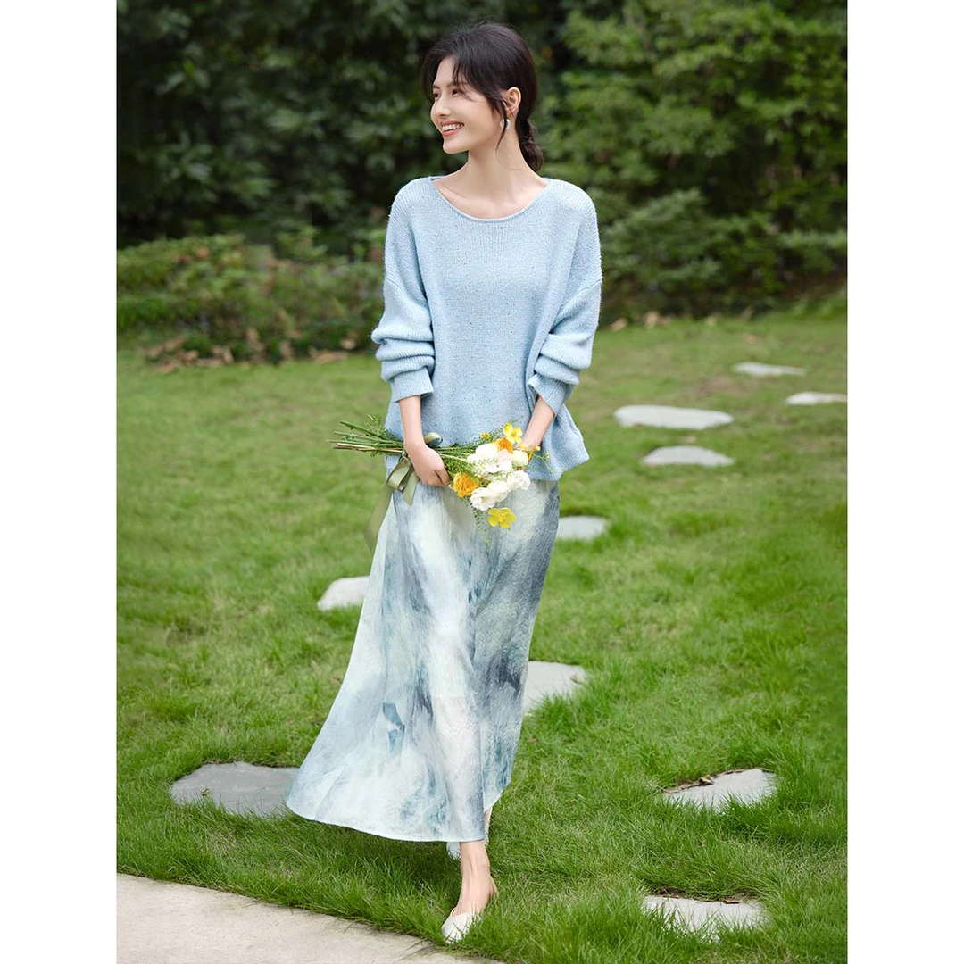 XWI/欣未珠片亮丝针织衫印花套装25秋艺术感浪漫松弛压皱晕染套装