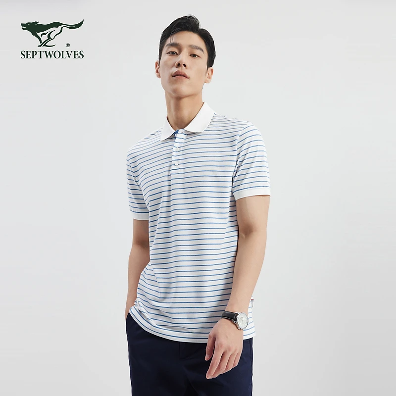 七匹狼仿牛仔花纱细条短袖POLO1D1E30606002