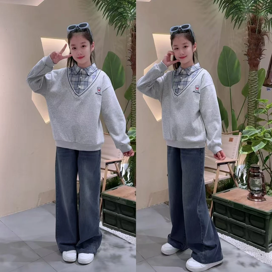 女童韩版卫衣春秋款百搭翻领卫衣中大童套装12-15岁初中女孩潮装
