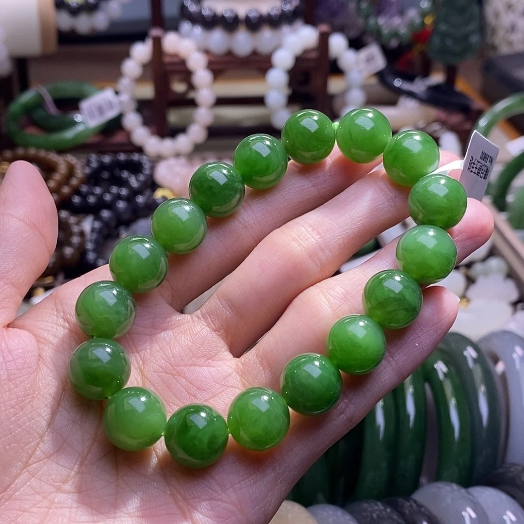 颈饰未镶嵌和田玉俄七碧玉老料毕业级手串12MM