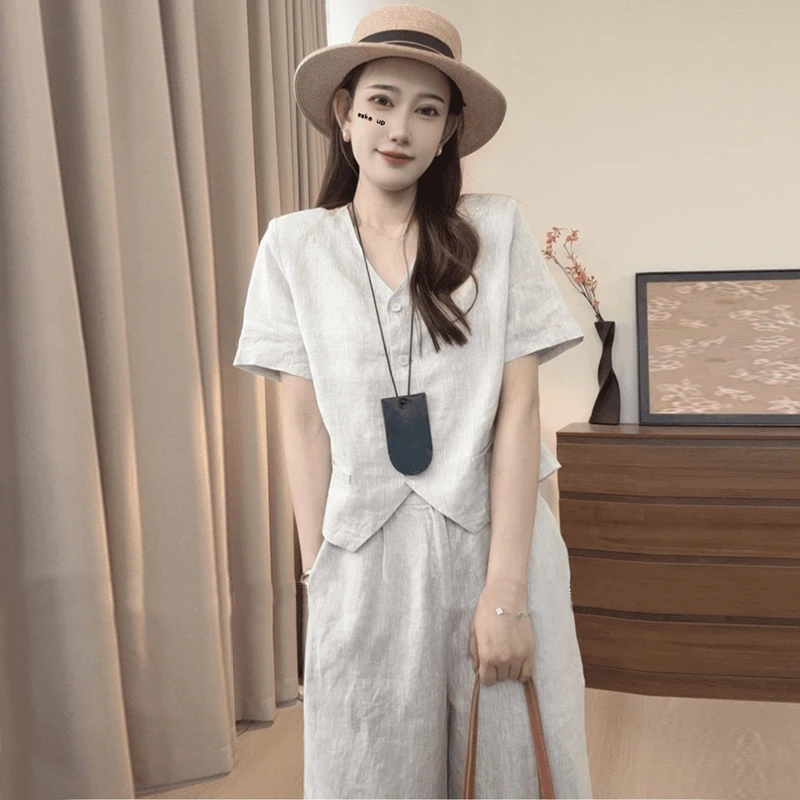 苎麻套装女士夏季2026新款时尚洋气减龄显瘦亚麻衬衫阔腿裤两件套