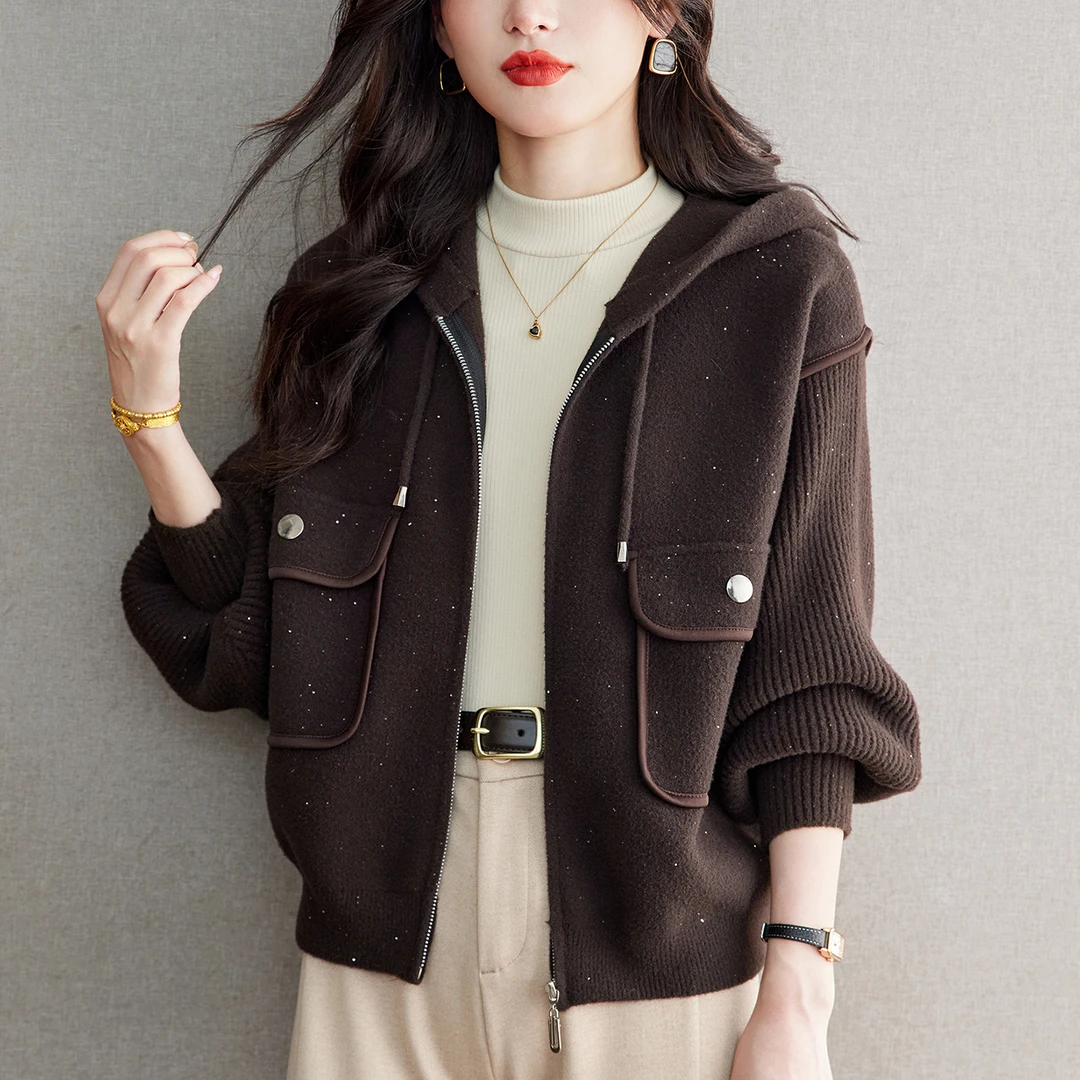 女士毛呢外套时髦时尚洋气秋装连帽上衣2025新款宽松休闲开衫加厚