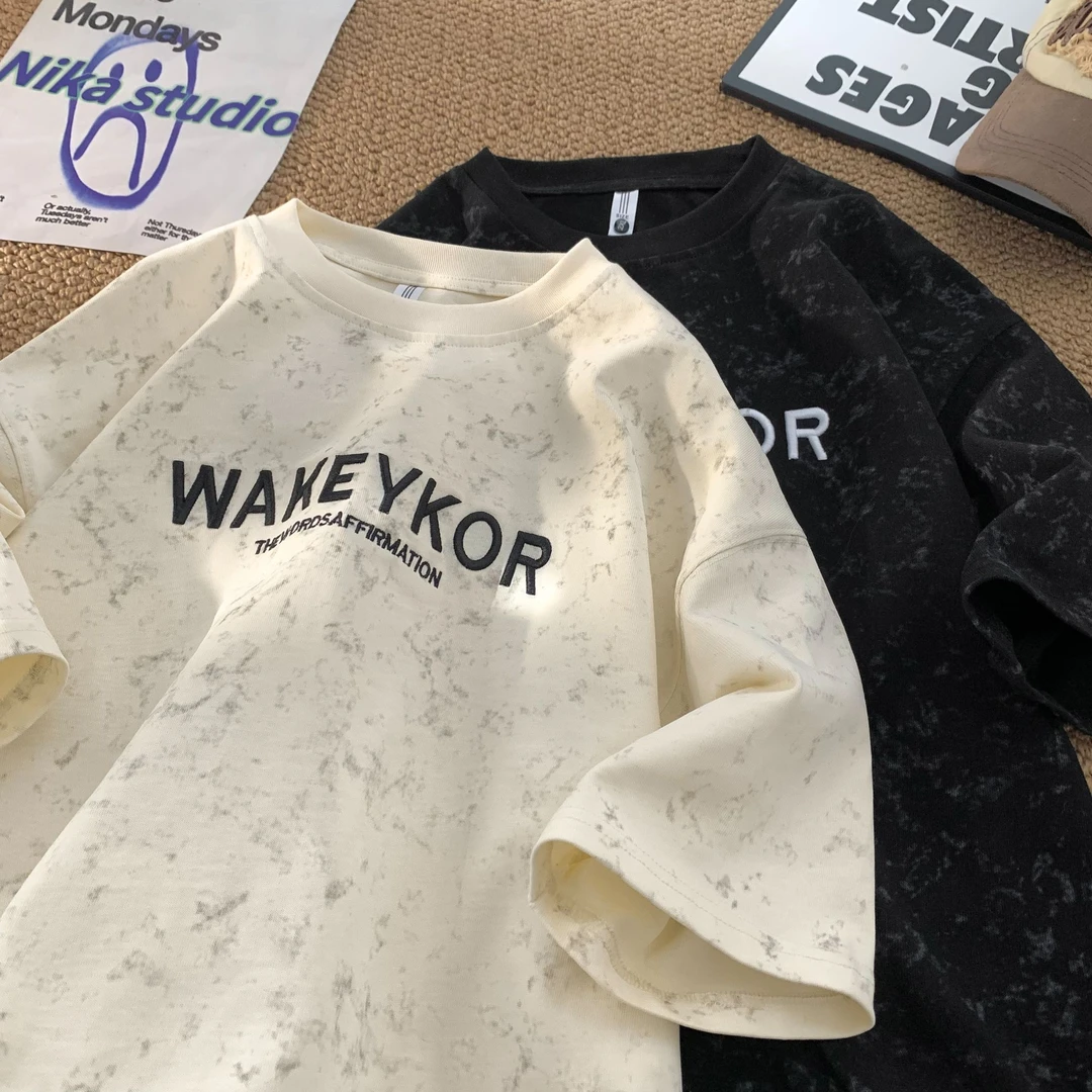 美式复古扎染刺绣短袖男设计感小众脏脏潮牌T恤宽松百搭半袖体恤