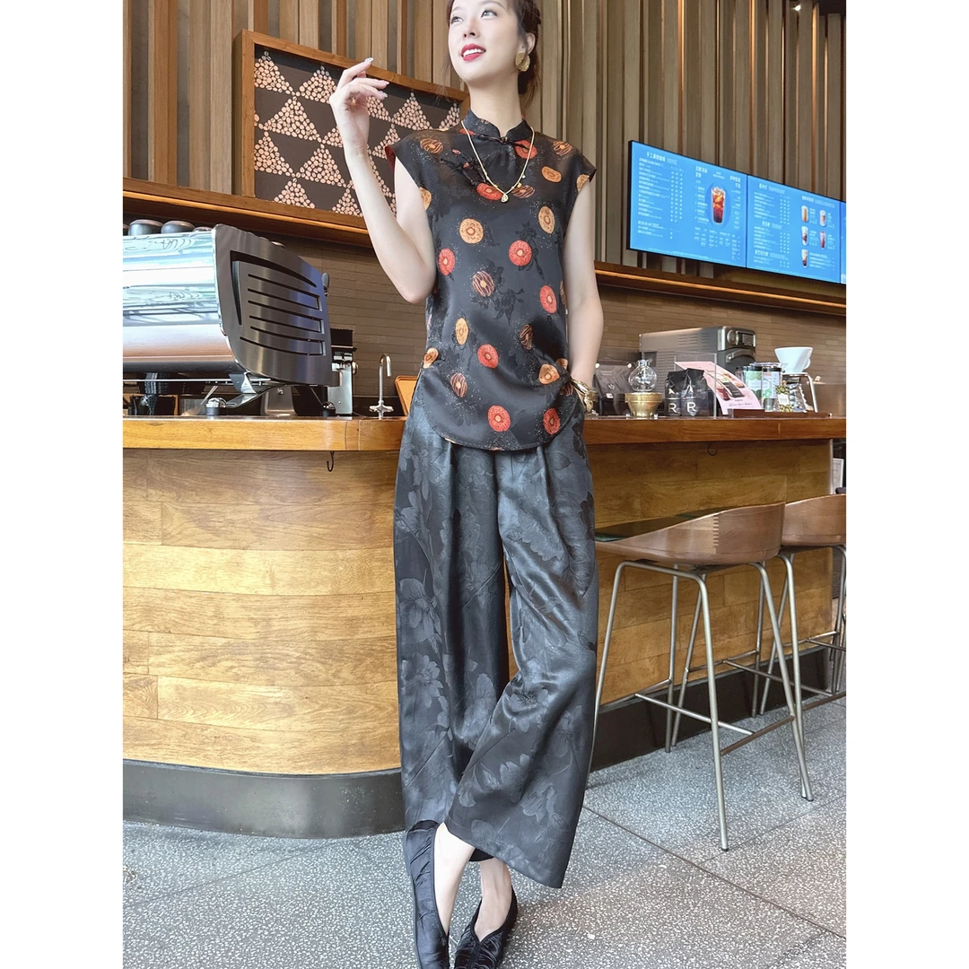 【深圳罗依】原创真丝休闲裤女桑蚕丝香云纱提花松紧腰宽松直筒裤