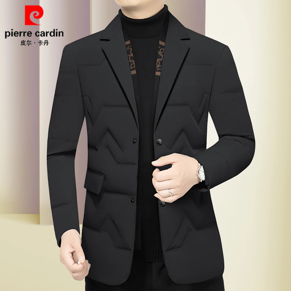 皮尔卡丹新款中年男士围巾领羽绒西服冬季保暖休闲上衣时尚外套