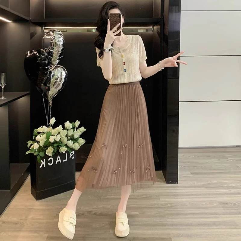 温柔系气质时尚套裙女2025夏季薄款冰丝针织短袖开衫半身裙两件套