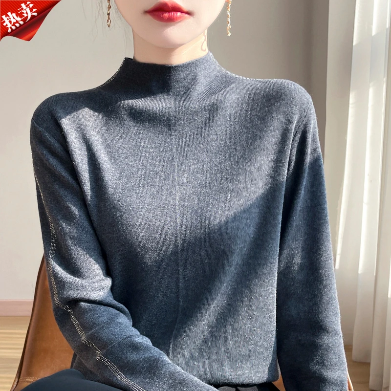 时尚品牌正品新款通勤简约风百搭烫钻羊毛衫秋冬时尚洋气打底衫女