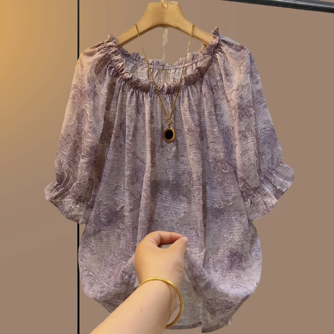 夏季大码女装胖妹妹紫色大版遮肉显瘦宽松百搭时尚短款半袖上衣