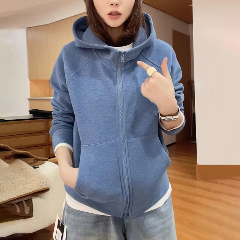 蓝色连帽卫衣外套女士秋冬新款时尚洋气减龄宽松显瘦拉链开衫上衣