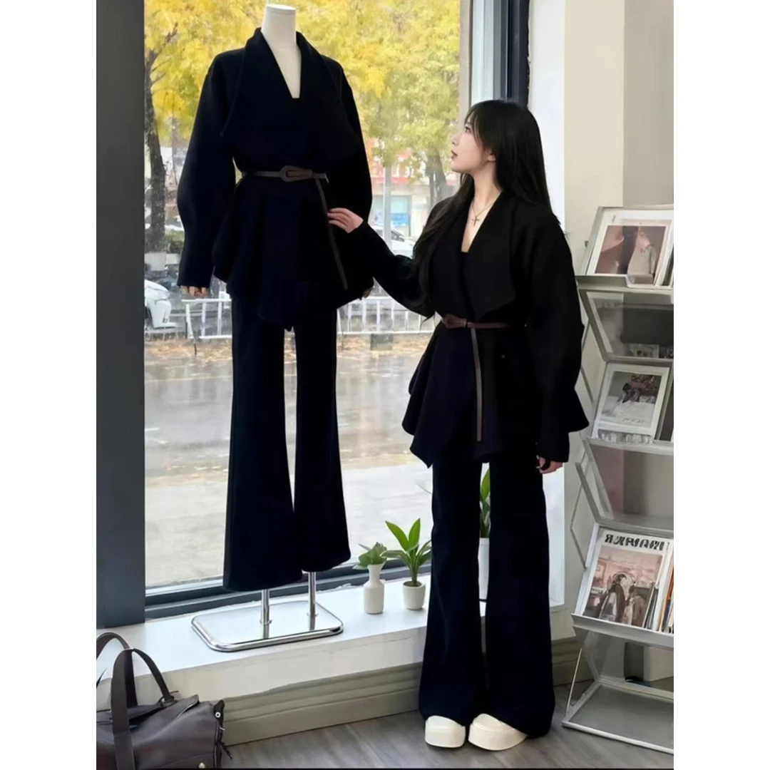 2025超火穿搭一整套赫本风秋装搭配黑色翻领外套上衣高腰显瘦套装