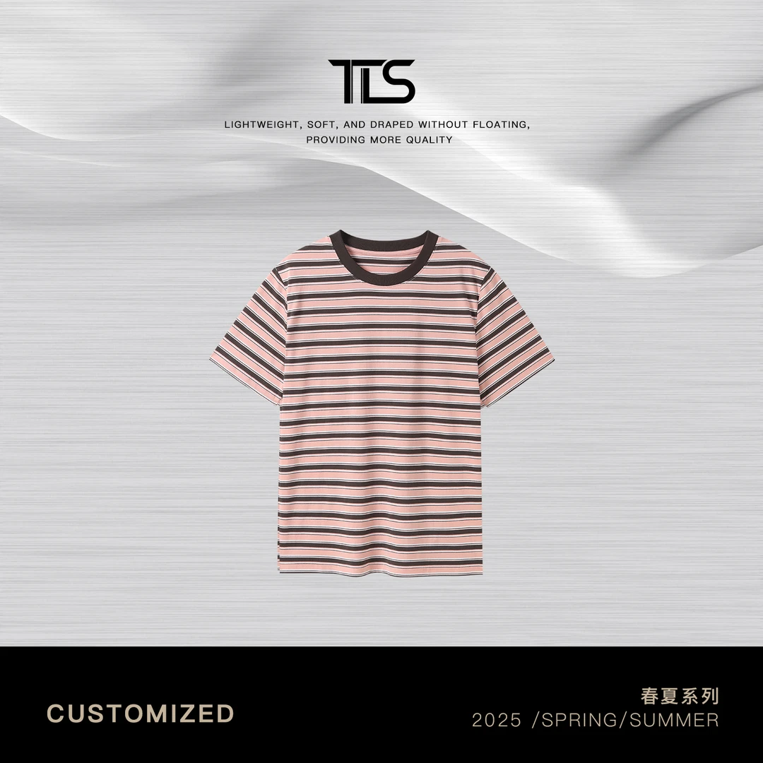 TT【粉条】100%纯棉细腻有骨感三色条纹拼接短袖T恤TT-DT5018