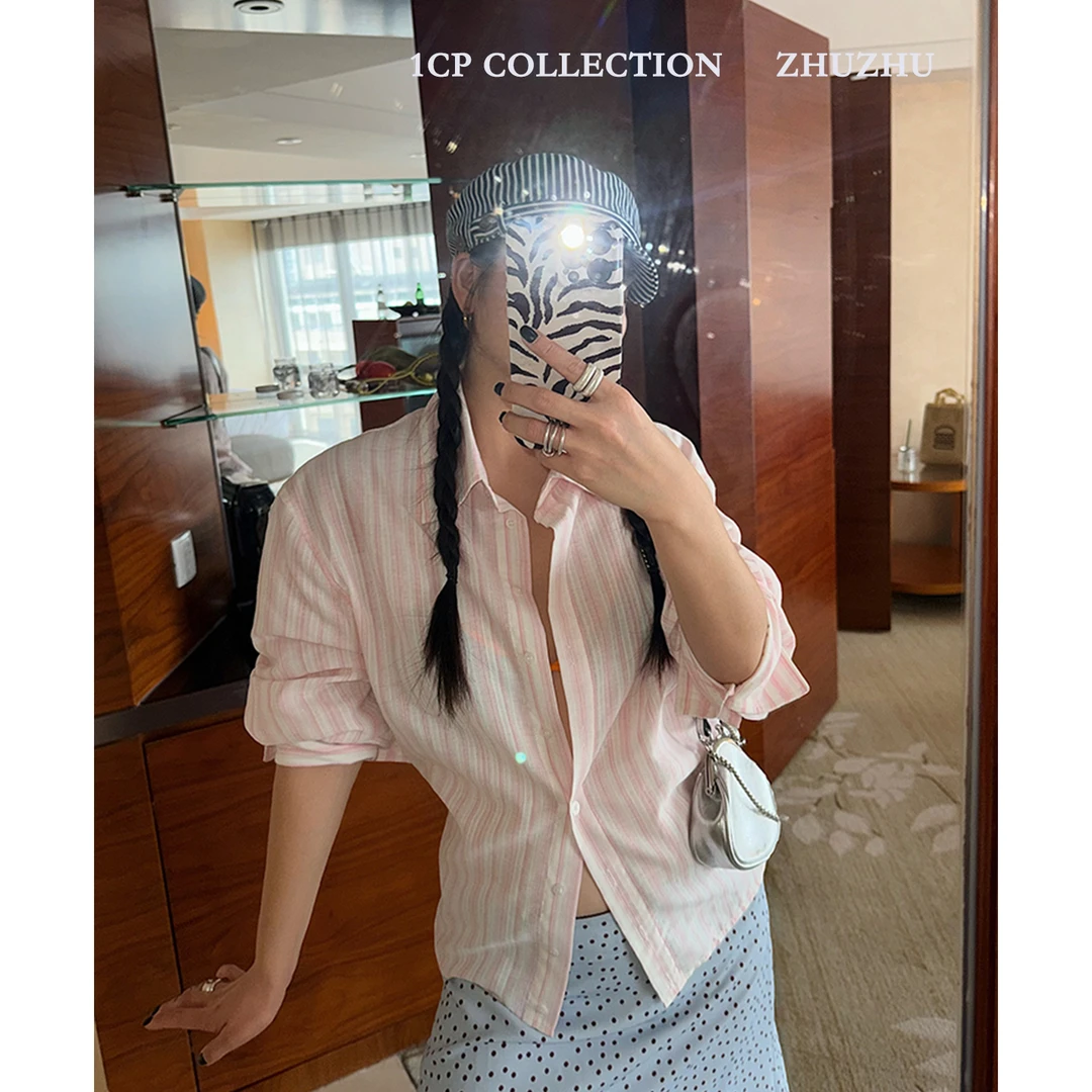 1CP 粉色长袖减龄条纹衬衫女2025秋新款蓝色叠穿显瘦纽扣收腰上衣