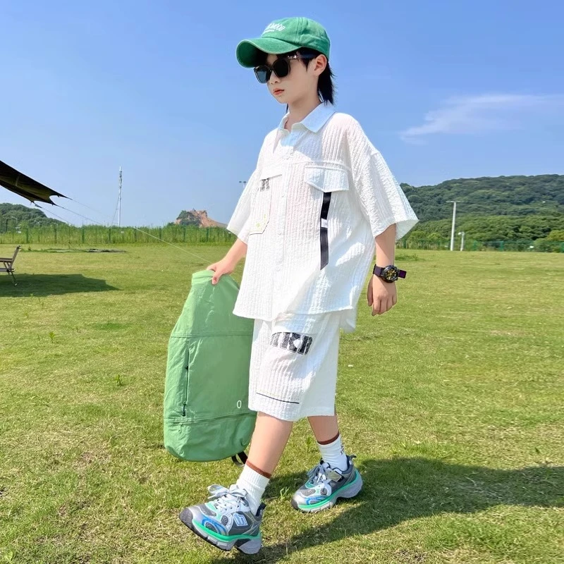 男童夏装套装2025新款中大儿童夏季短袖衬衫两件套男孩薄款夏款潮