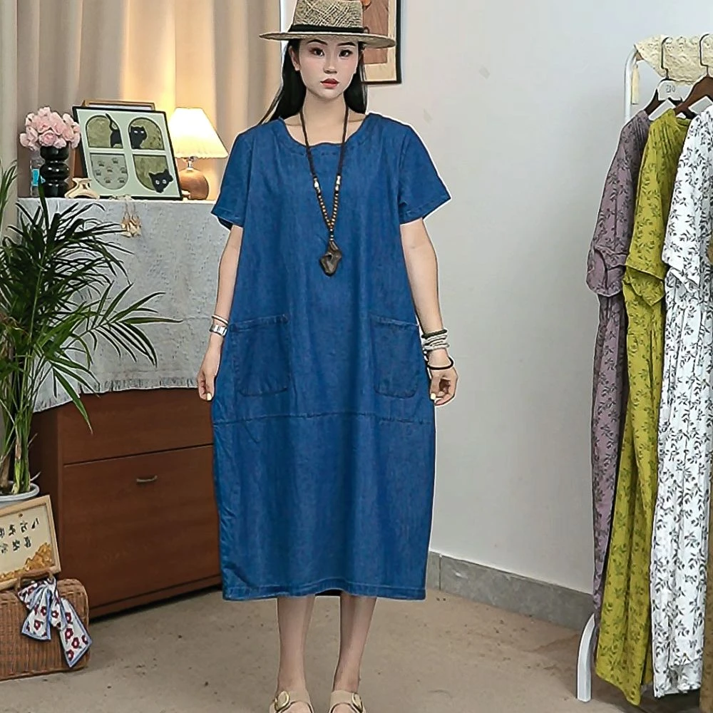 插肩袖POLO领宽松腰气质裙子过膝牛仔连衣裙中长裙