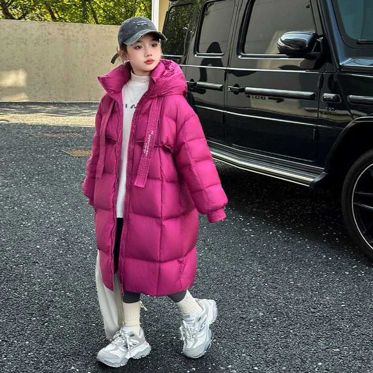 冬季女童中长款羽绒服百搭纯色中大童加厚保暖秋冬款洋气时尚连帽