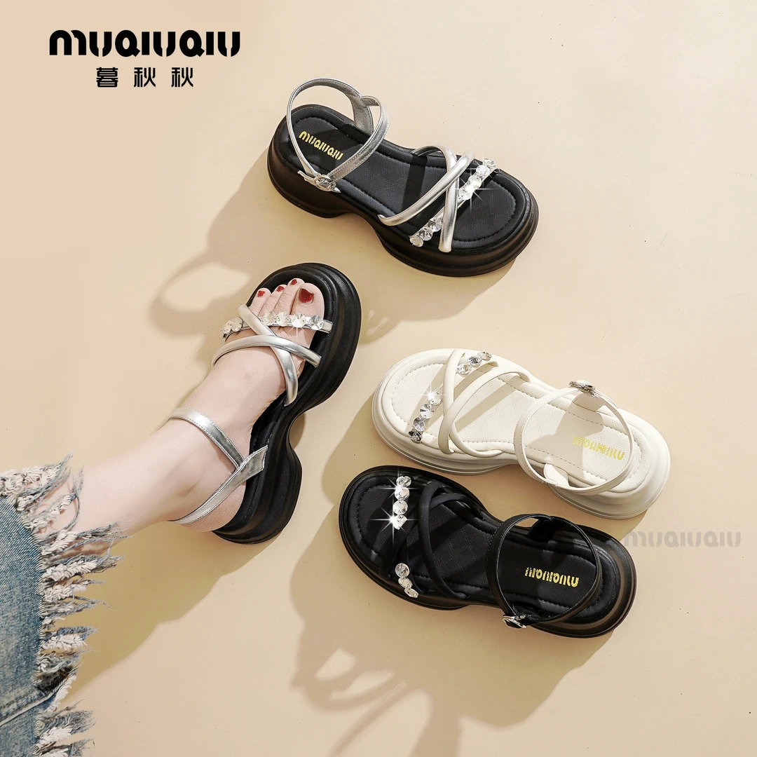 暮秋秋水钻凉鞋女外穿时尚2025夏新时尚仙女风厚底百搭妈妈沙滩鞋