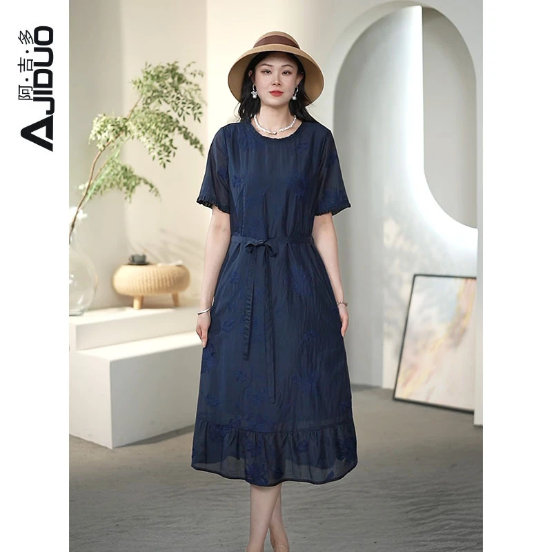 阿吉多A21766高档重工刺绣短袖连衣裙女夏季洋气宽松法式风格裙子