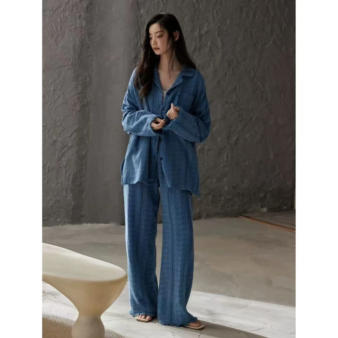 2025新款睡衣女春秋款开衫长袖蓝色带胸垫一体长裤家居服两件套