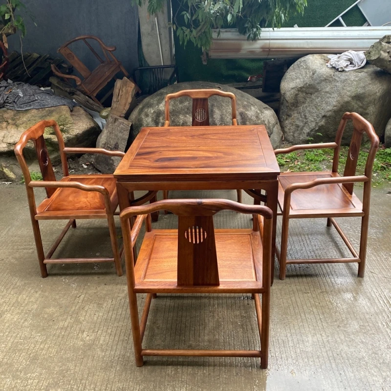 胡桃木四方桌五件套88×88餐桌休闲桌八仙桌椅子实木新中式纯实木