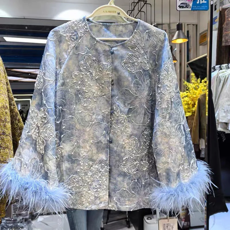 高端千金重工钉珠小香外套女设计感名媛气质拼接鸵鸟毛短开衫上衣