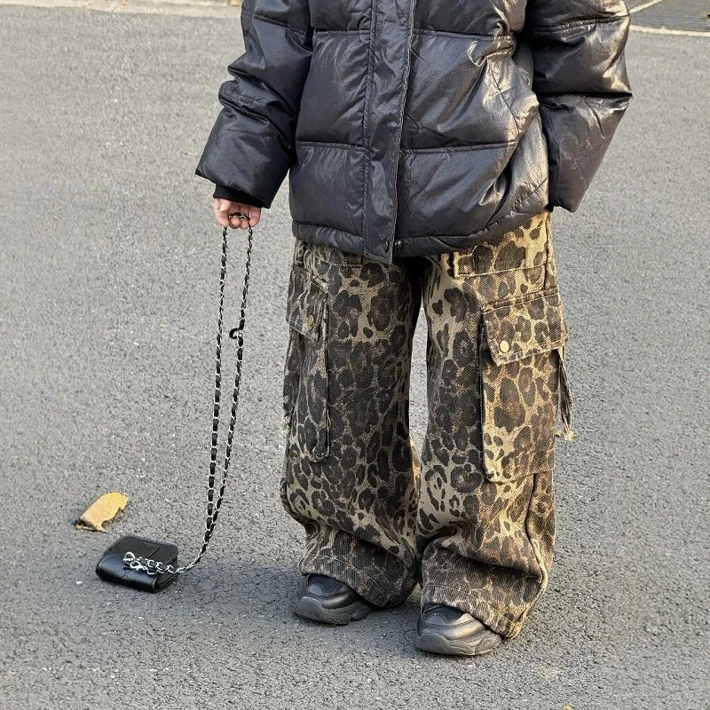 男童帅气个性街舞长裤2025儿童痞帅豹纹长裤美式宽松工装裤阔腿裤