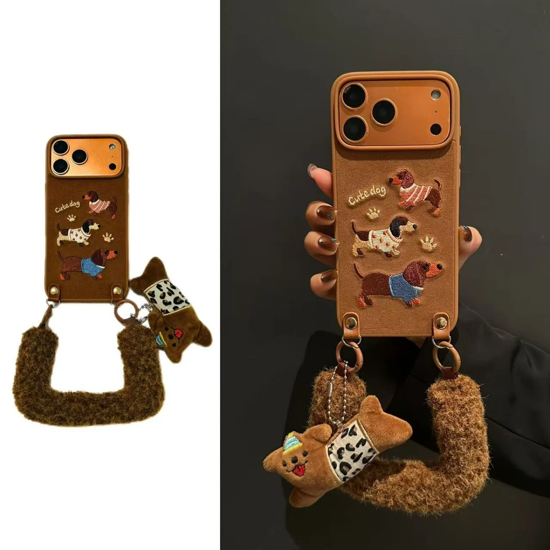 个性棕色三只刺绣腊肠狗适用iPhone17promax苹果16手机壳15斜挎14