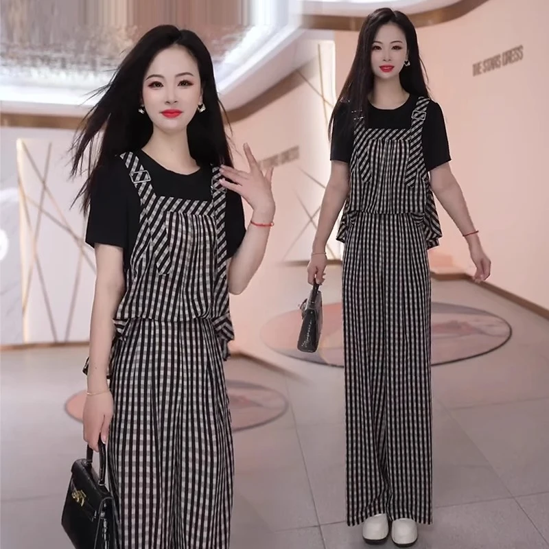 时尚套装女2025夏季新款洋气显瘦格子假两件上衣阔腿裤休闲两件套