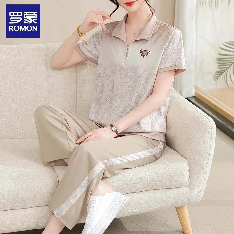 罗蒙妈妈运动套装2025新款中老年女夏装短袖t恤贵夫人妈妈装夏季