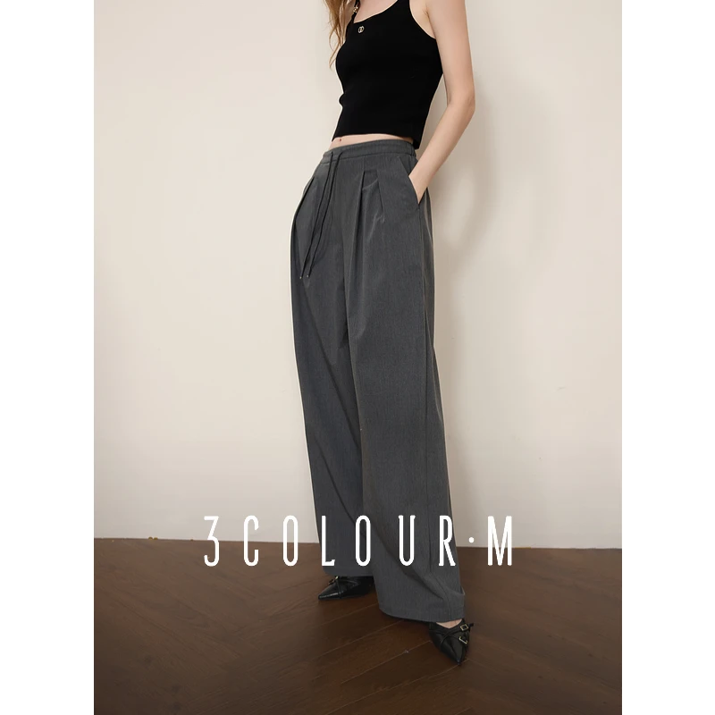 三彩2025春季休闲西装裤格雷系阔腿裤腰绳宽松拖地长裤简约M