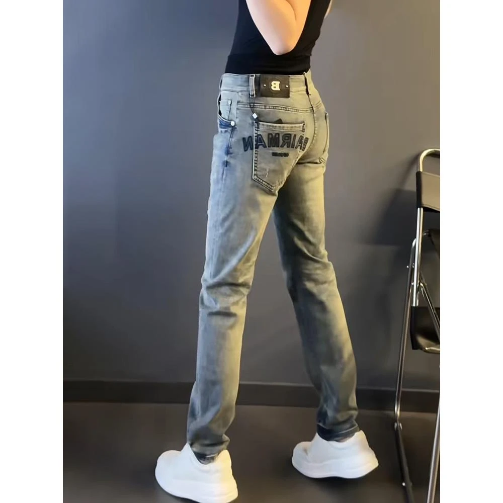 大码新款长裤潮牌休闲显瘦男装男士直筒牛仔裤轻奢百搭显瘦款字母