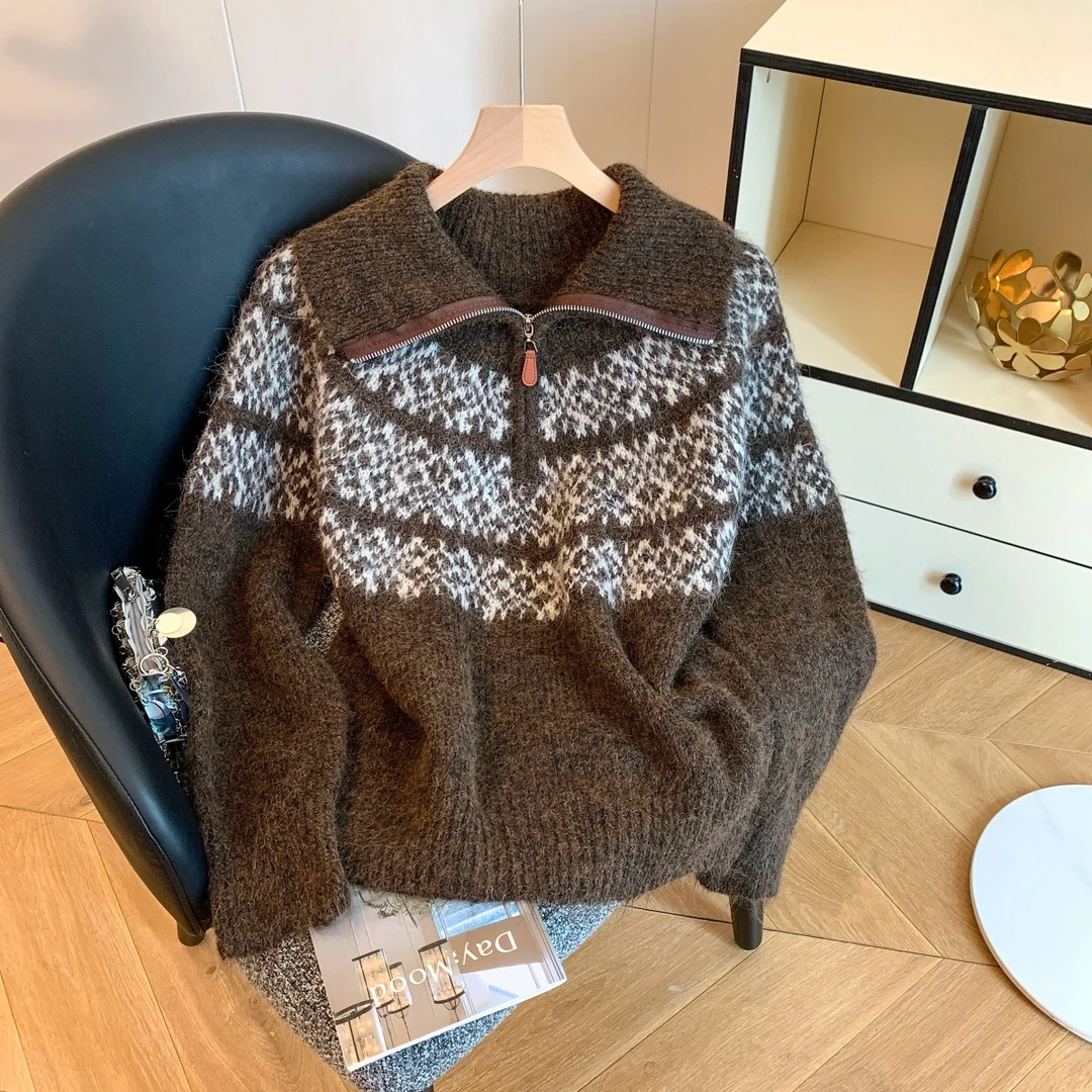 慵懒风提花拉链半开领软糯针织毛衣女秋冬季复古宽松独特休闲上衣