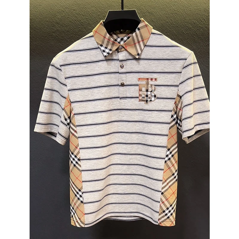 欧货轻奢高定商务大牌男装体恤2025夏新款字母刺绣宽松条纹Polo衫