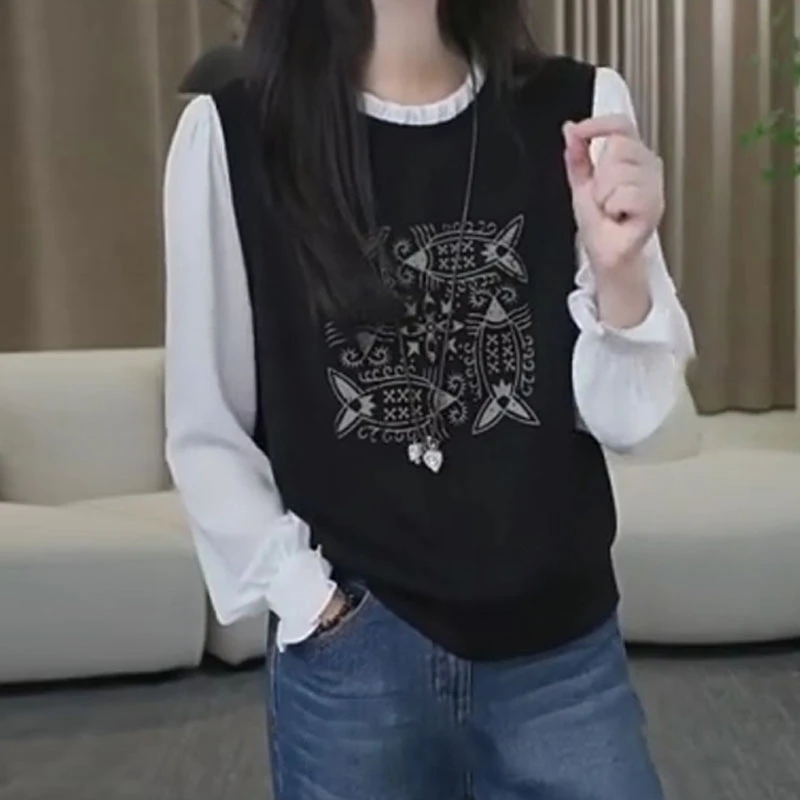 宽松圆领套头上衣秋季新款胖MM大码女装设计感印花拼接假两件卫衣