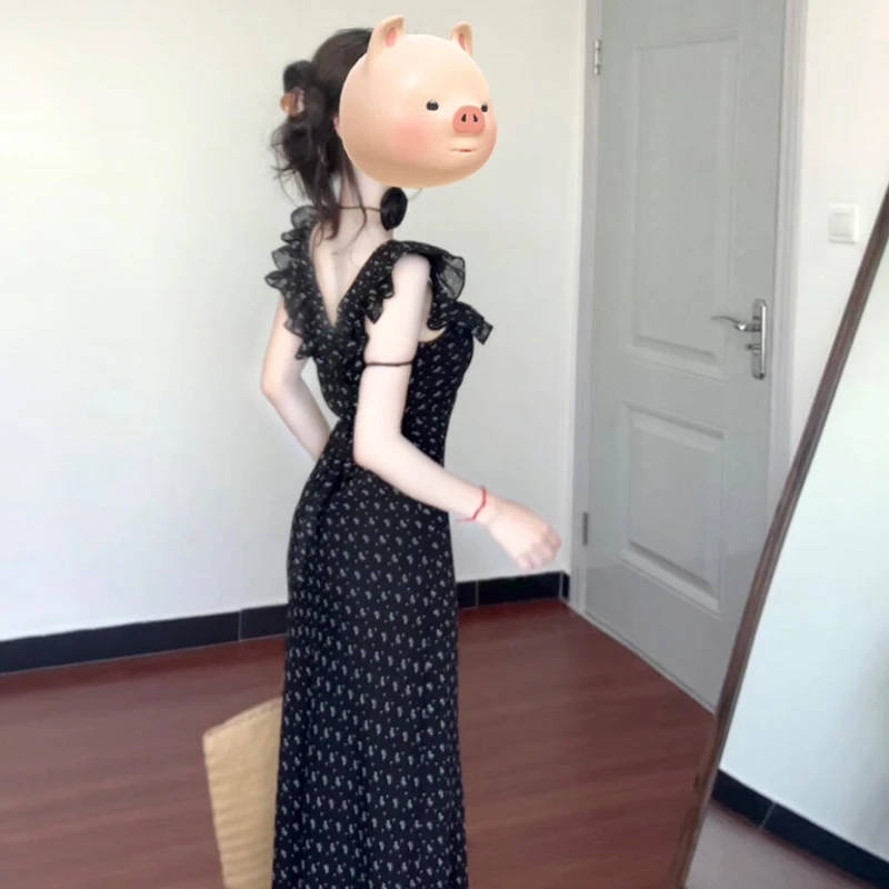 【现货+运贴5米】方领黑色碎花连衣裙子女气质小飞袖收腰长裙2564