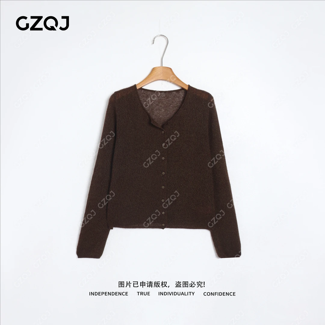 老琴私服【柔软时光】气质圆领长袖针织开衫花纱毛衣女秋 93238