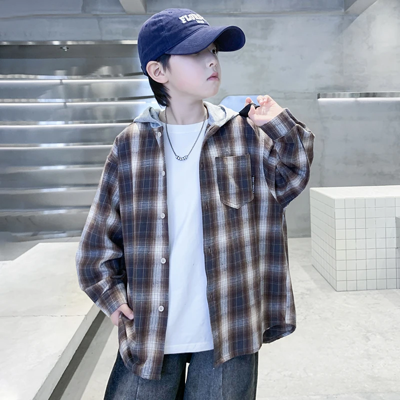 男童纯棉格子连帽衬衫外套春秋款2025新款儿童帅气休闲上衣中大童