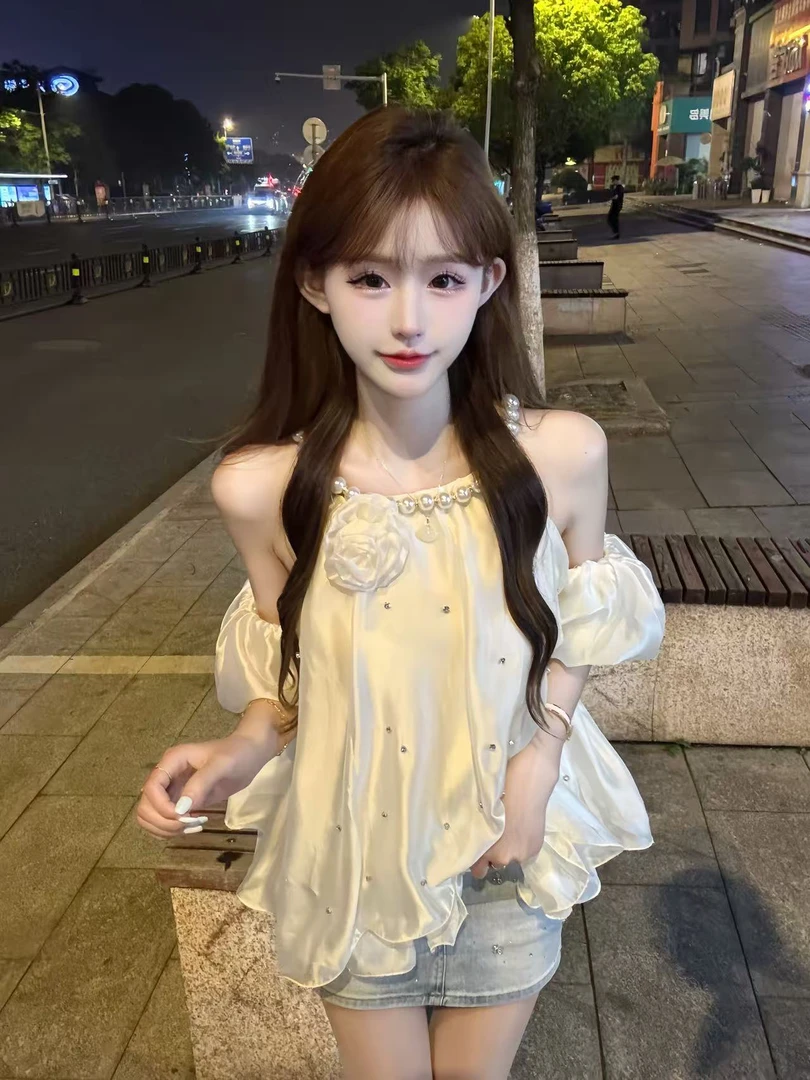 大珍珠露肩烫钻蓬蓬上衣