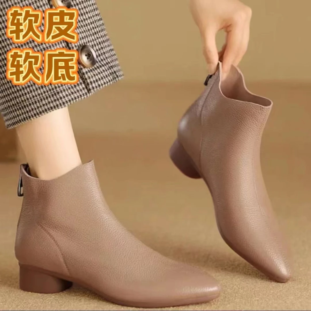 《断色断码羊皮女鞋》秋冬季软皮裸靴尖头低跟粗跟单靴羊皮短靴女鞋