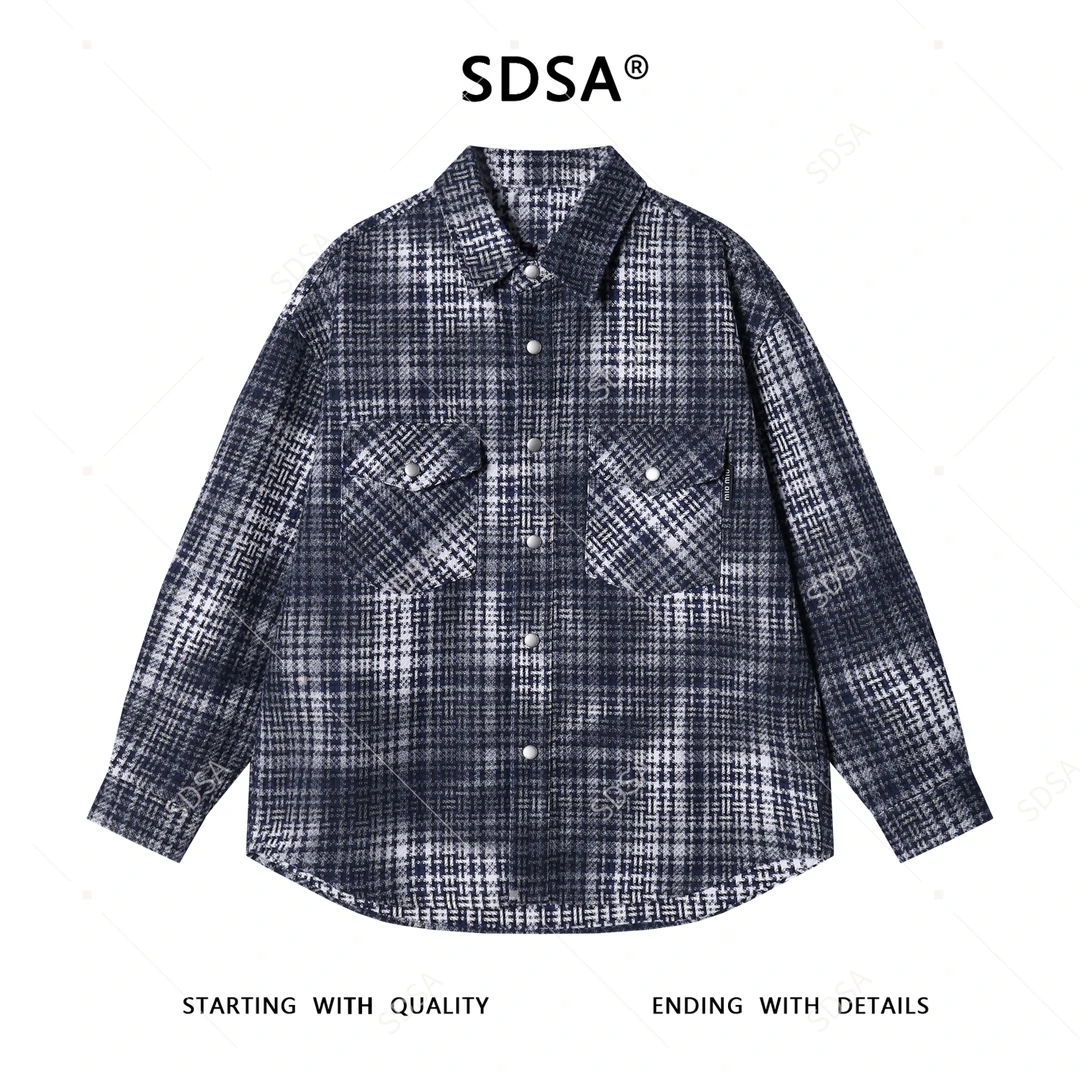 SDSA男士秋冬新款痞帅男装韩版休闲扎染格子纽扣翻领长袖衬衫百搭