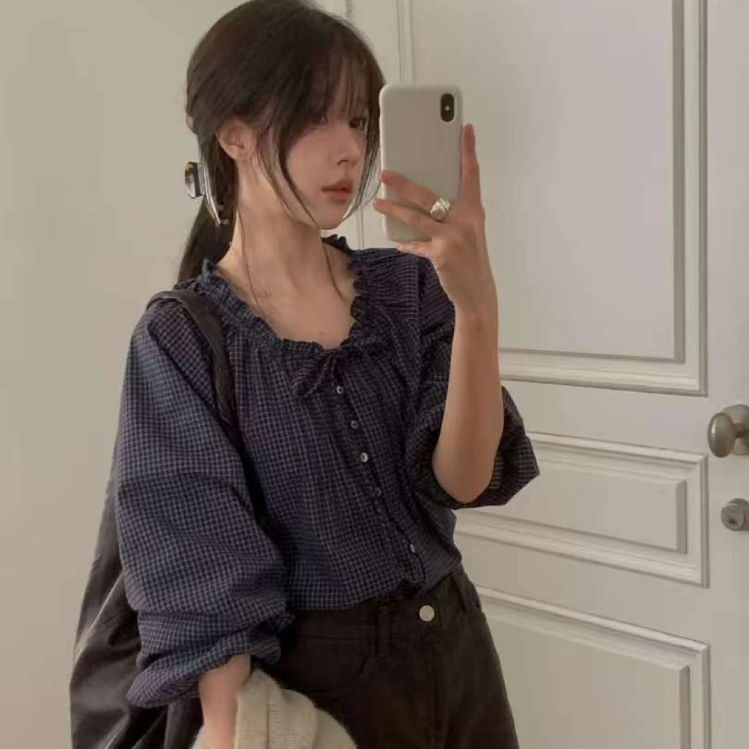 No退No换东大门女装2025新款设计感格子衬衫女71i-b1