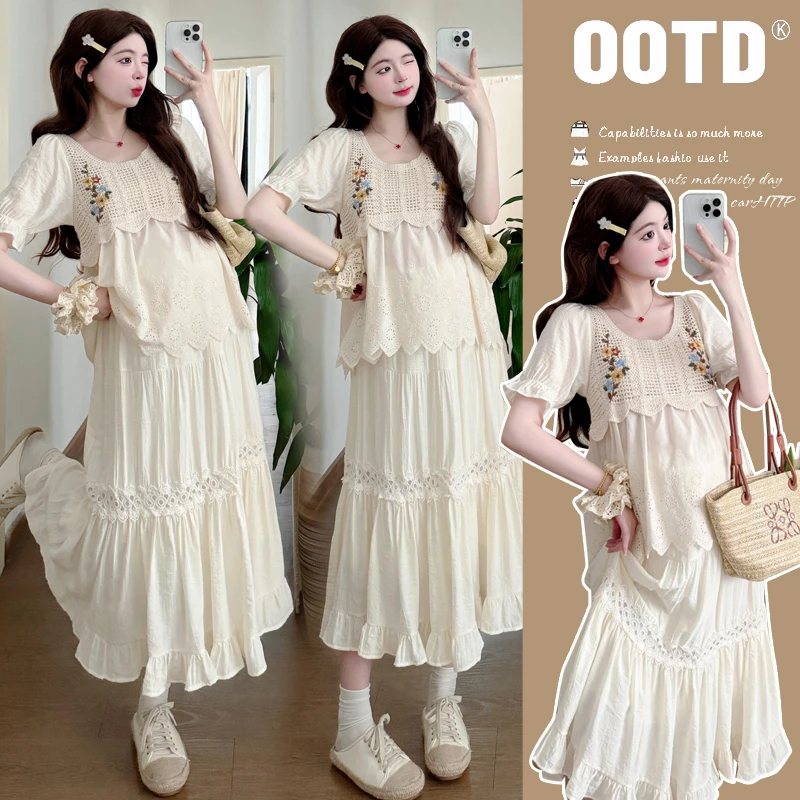 孕妇夏装套装2025新款夏季刺绣镂空上衣半身裙两件套夏款孕妈穿搭