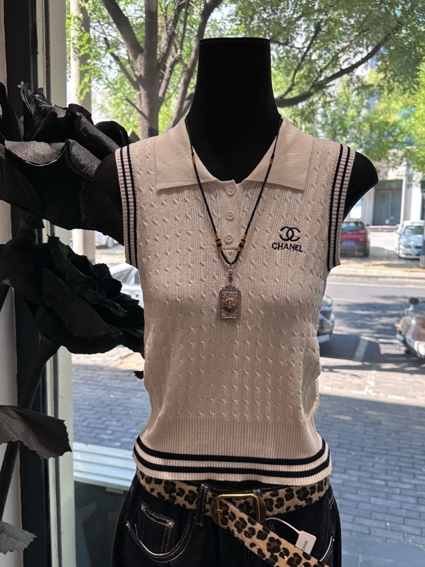 无袖Polo领修身型毛针织衫ins上衣秋季风