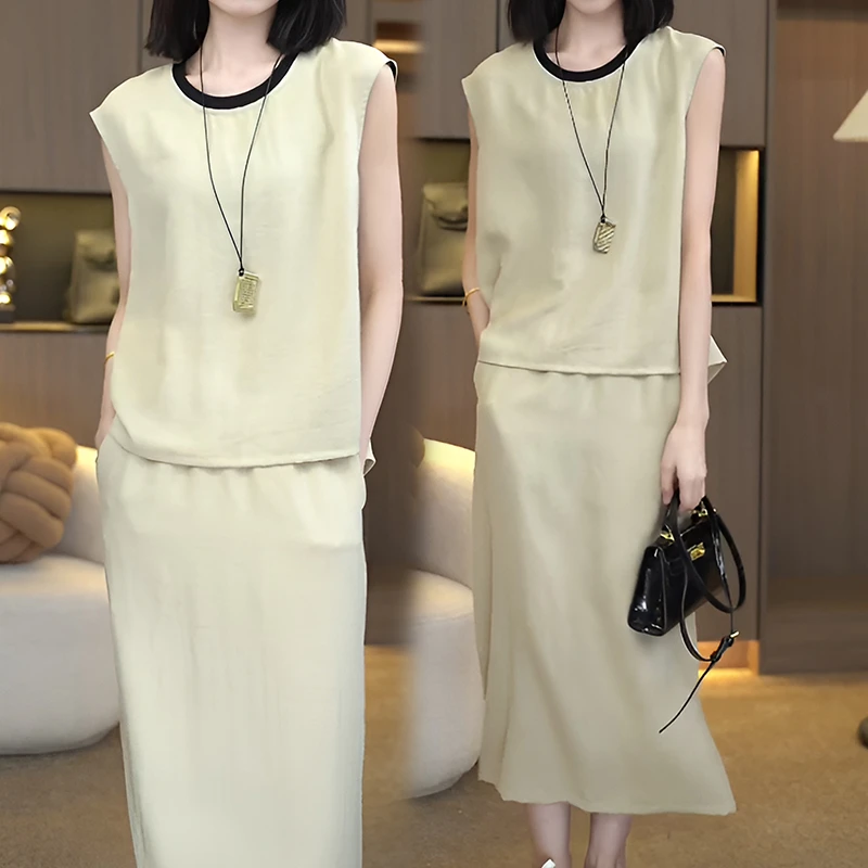 设计感小众拼色上衣女夏季大码胖mm宽松慵懒风后开叉半身裙两件套