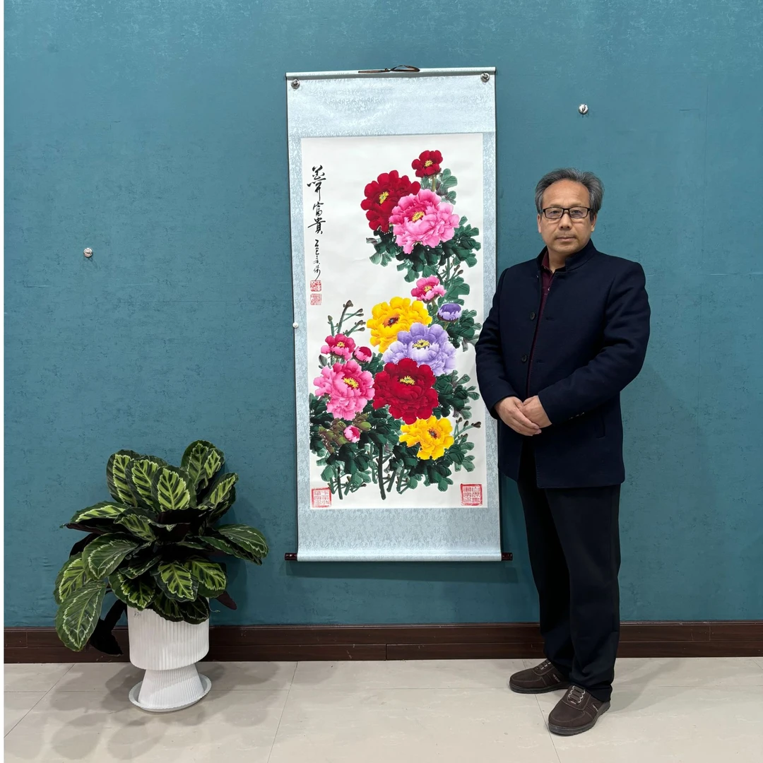 书画作品：田 广杰纯手绘《花开富贵》70*170厘米竖幅卷轴装裱