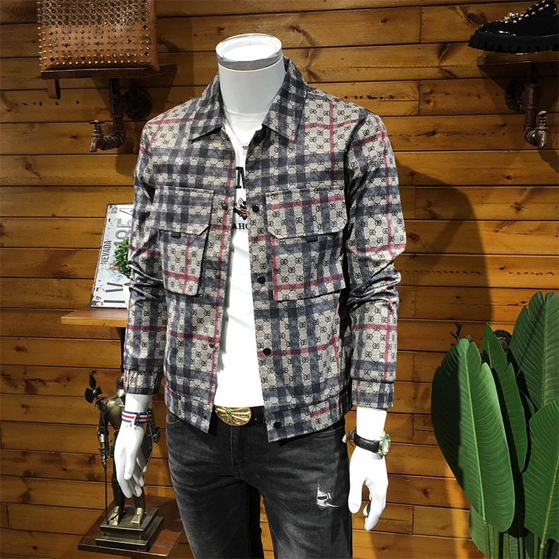 DESITASH欧洲站男装格子外套男士新款秋装潮流青年翻领修身夹克衫