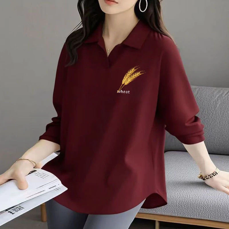 春秋新款POLO衫女长袖显瘦套头纯棉宽松减龄弧形下摆百搭翻领T恤