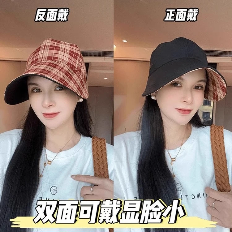 双面可戴鸭舌帽女2025新款春夏季韩系格子百搭显脸小大帽檐防晒帽